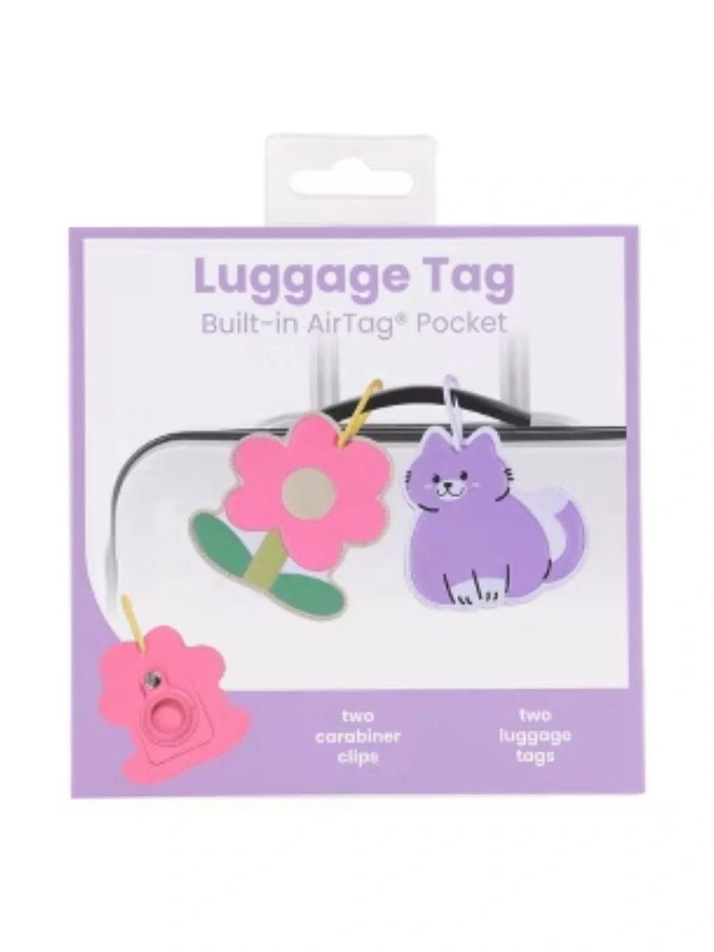 Kids Luggage Tags Set - Purple Cat & Pink Flower with AirTag Pocket